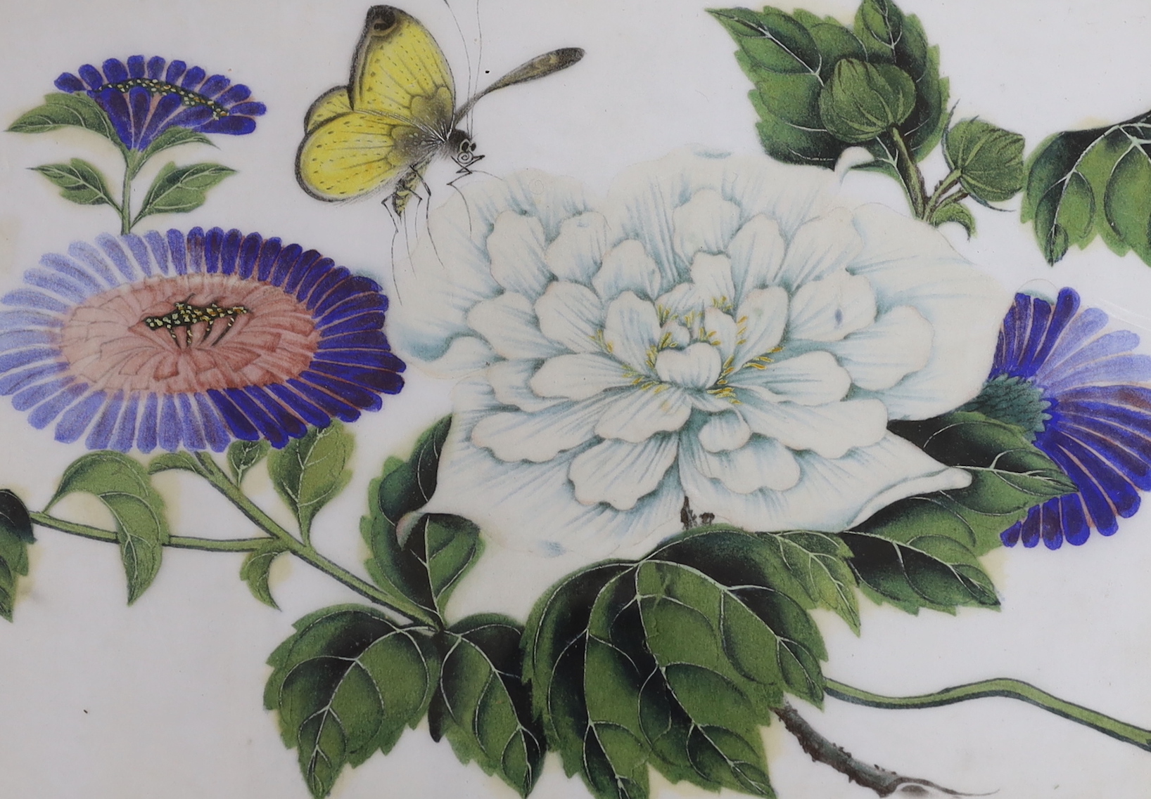 19th century Chinese school, pair of pith paper paintings, Still lifes of flowers, 16.5 x 24cm